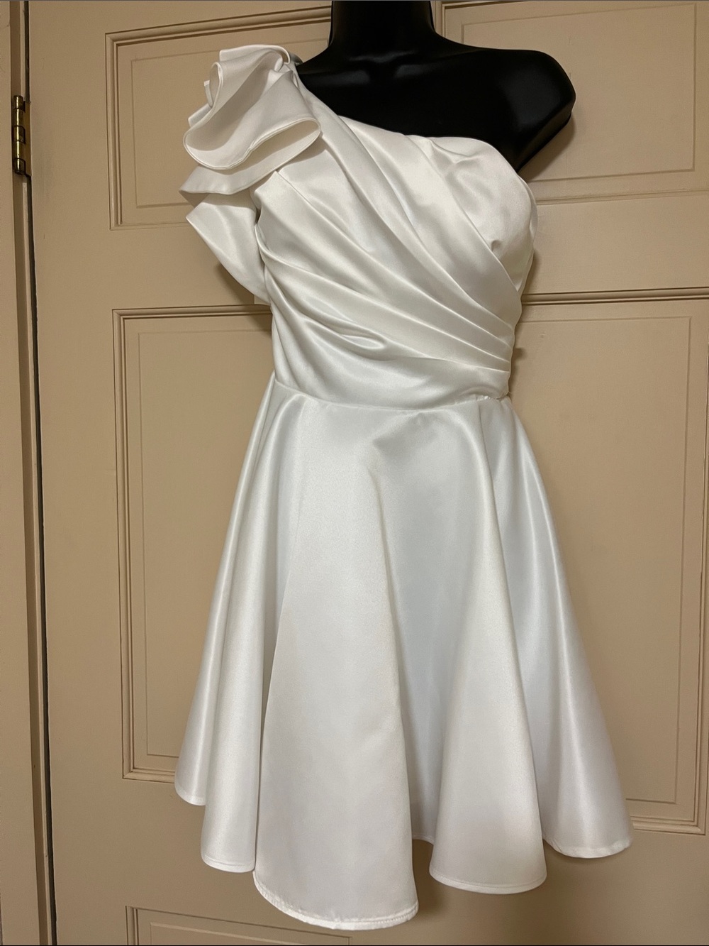 SHEIN White One-Shoulder Ruffle Satin Skater Dress